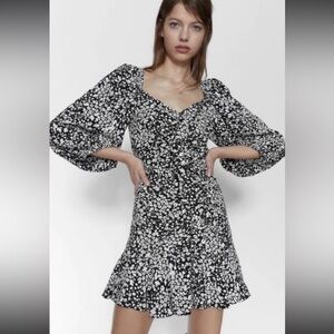 Zara Black and White Floral Long Sleeve Dress